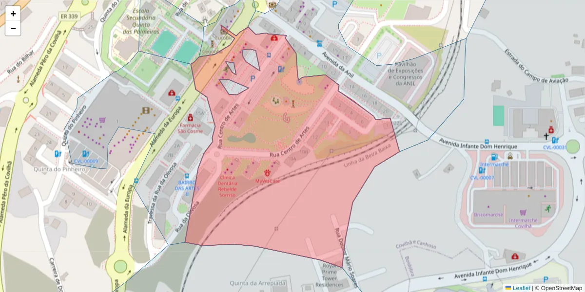 Mapa detalhado do código postal 6200-505 com limites, códigos postais vizinhos e agências dos correios