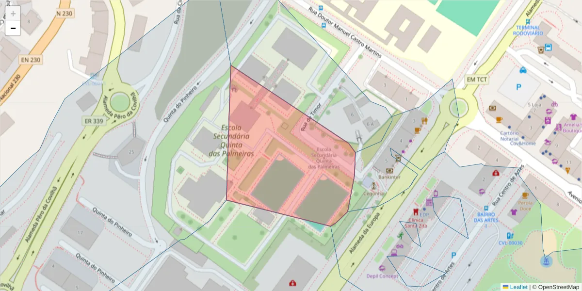 Mapa detalhado do código postal 6201-006 com limites, códigos postais vizinhos e agências dos correios