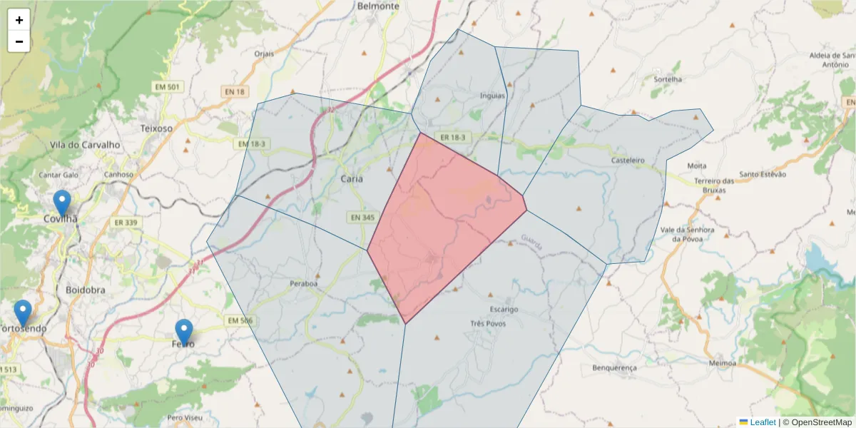 Mapa detalhado do código postal 6250-115 com limites, códigos postais vizinhos e agências dos correios