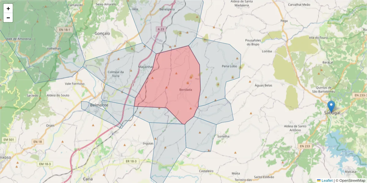 Mapa detalhado do código postal 6250-181 com limites, códigos postais vizinhos e agências dos correios