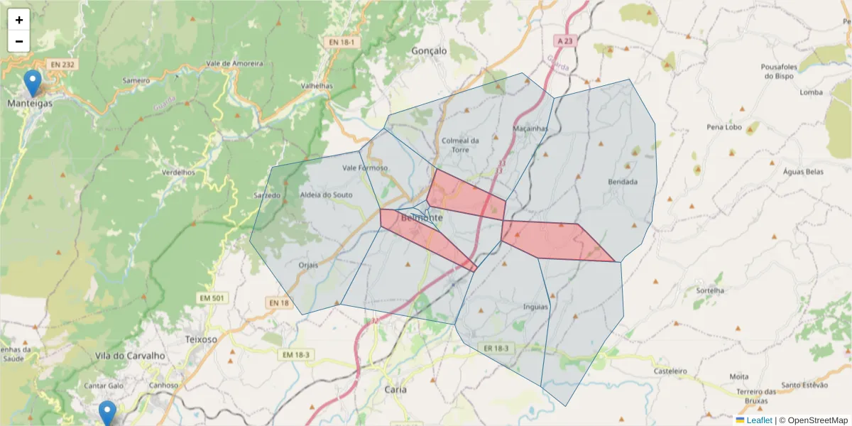 Mapa detalhado do código postal 6250 com limites, códigos postais vizinhos e agências dos correios