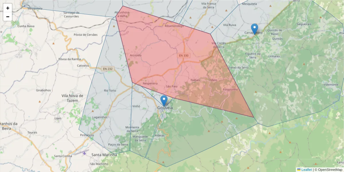 Mapa detalhado do código postal 6290-415 com limites, códigos postais vizinhos e agências dos correios