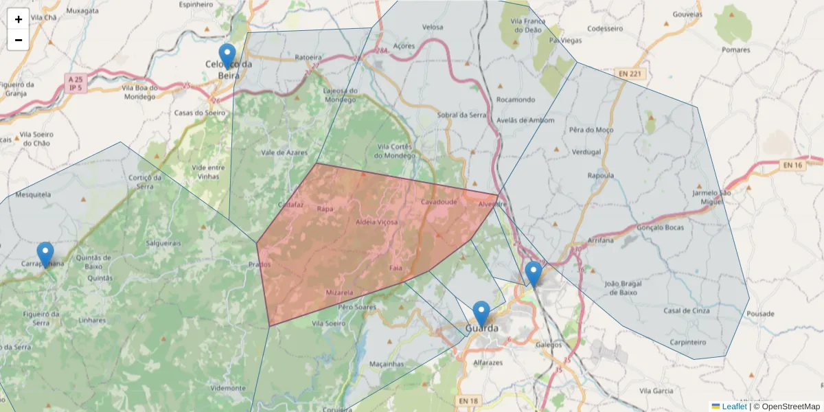 Mapa detalhado do código postal 6300-080 com limites, códigos postais vizinhos e agências dos correios