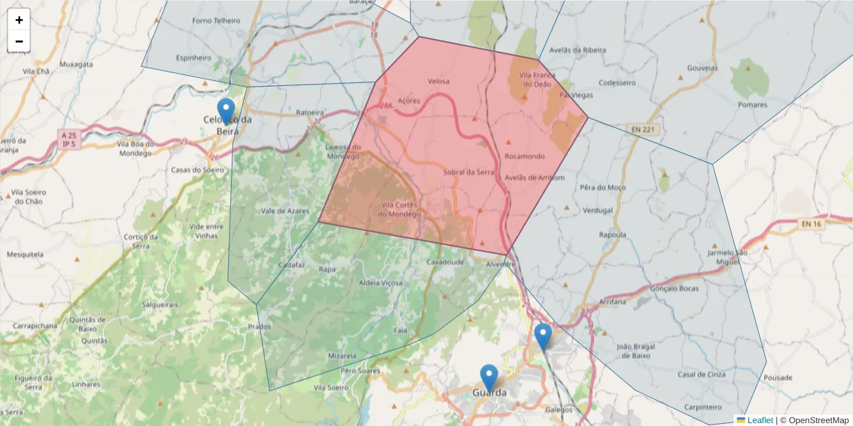 Mapa detalhado do código postal 6300-170 com limites, códigos postais vizinhos e agências dos correios
