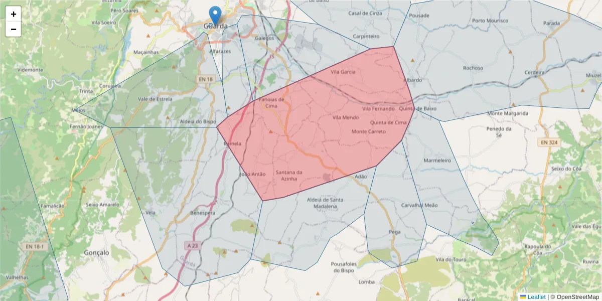 Mapa detalhado do código postal 6300-200 com limites, códigos postais vizinhos e agências dos correios