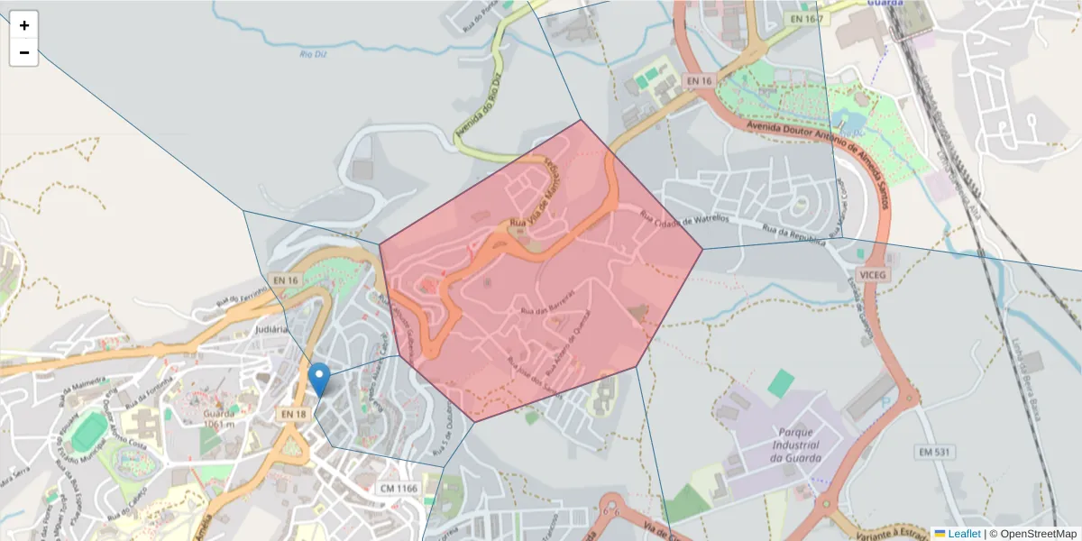 Mapa detalhado do código postal 6300-373 com limites, códigos postais vizinhos e agências dos correios