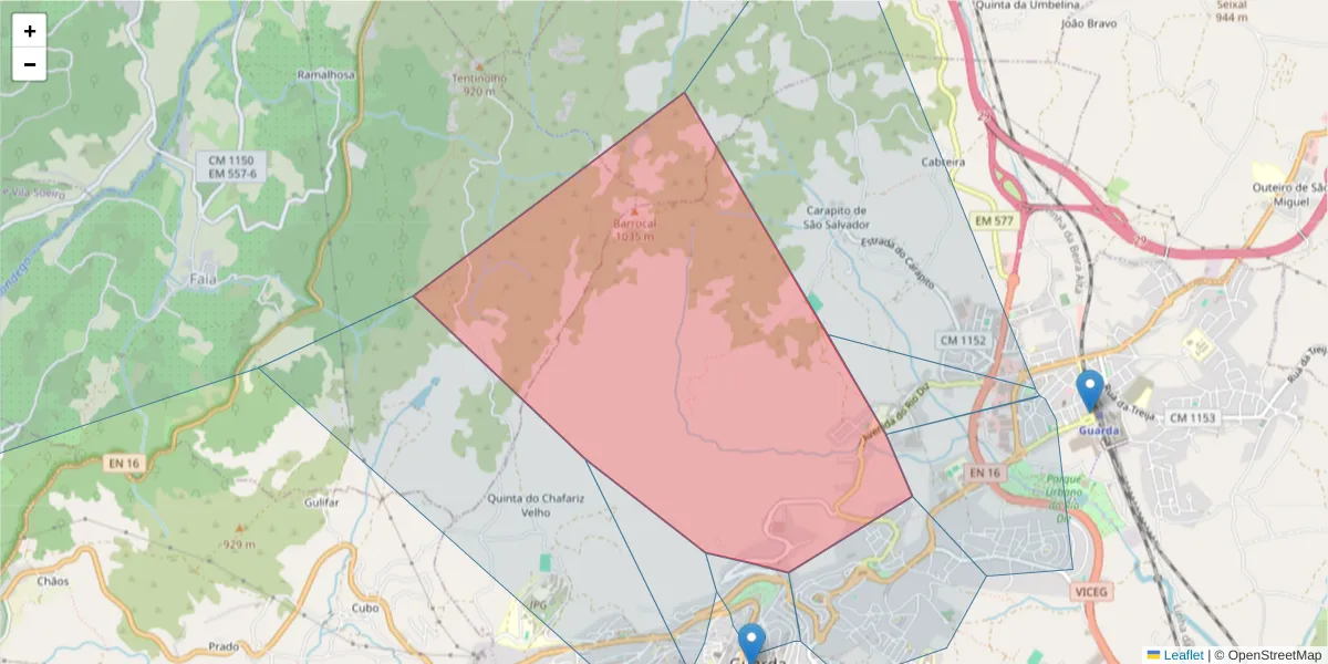 Mapa detalhado do código postal 6300-566 com limites, códigos postais vizinhos e agências dos correios
