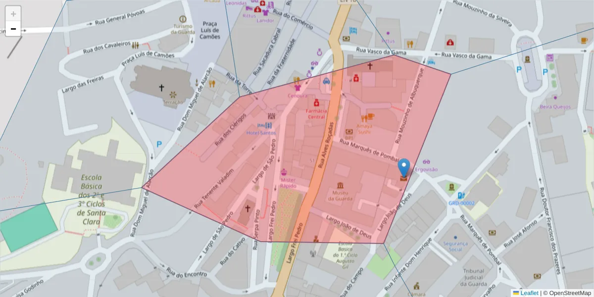 Mapa detalhado do código postal 6300-663 com limites, códigos postais vizinhos e agências dos correios