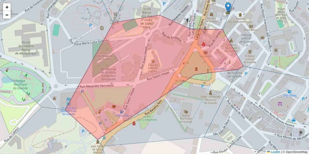 Mapa detalhado do código postal 6300-712 com limites, códigos postais vizinhos e agências dos correios