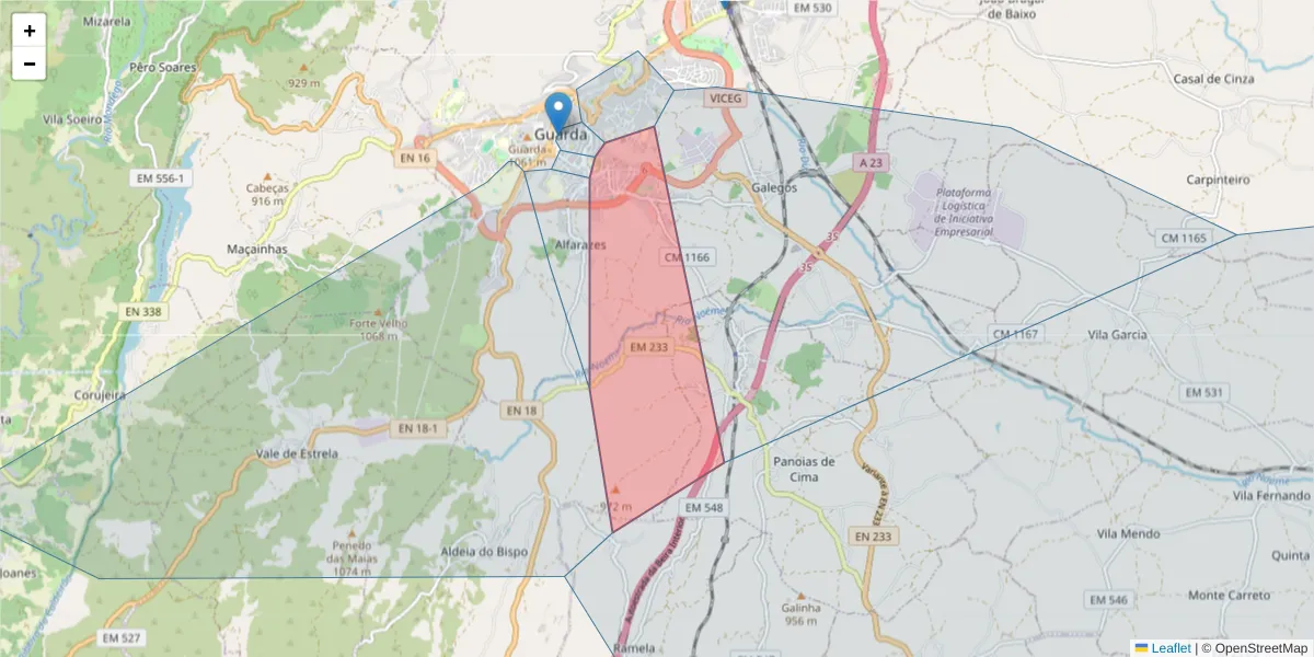 Mapa detalhado do código postal 6300-773 com limites, códigos postais vizinhos e agências dos correios