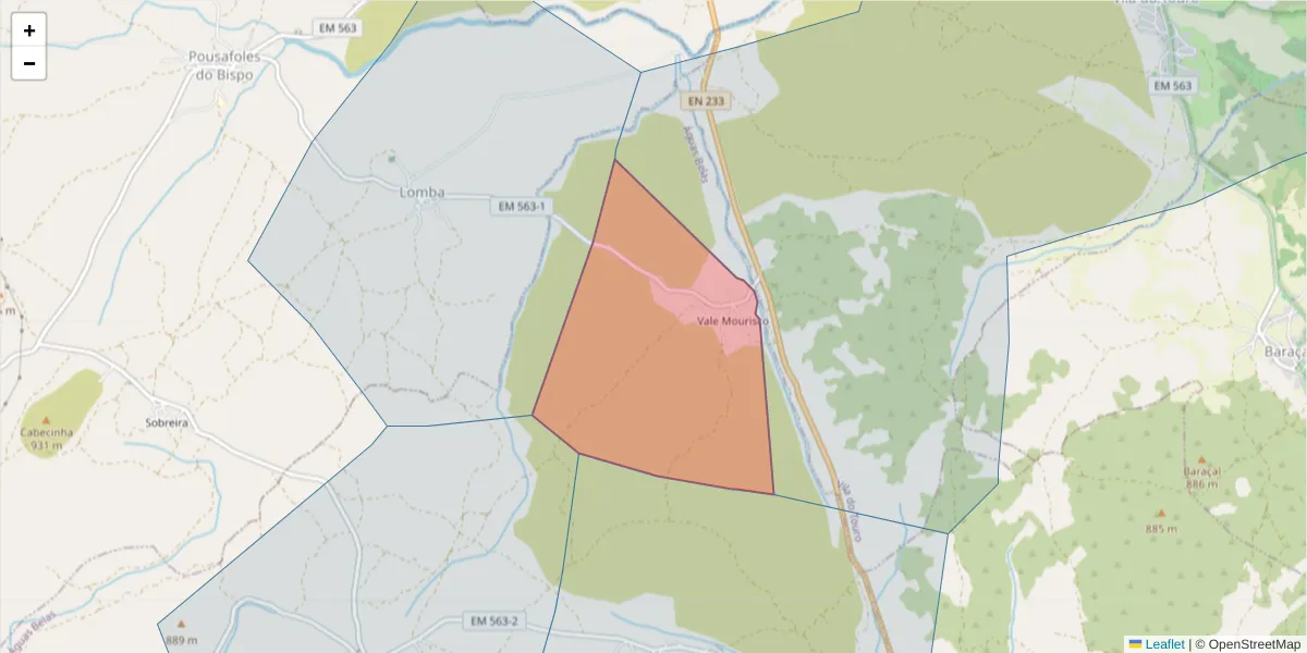 Mapa detalhado do código postal 6320-014 com limites, códigos postais vizinhos e agências dos correios