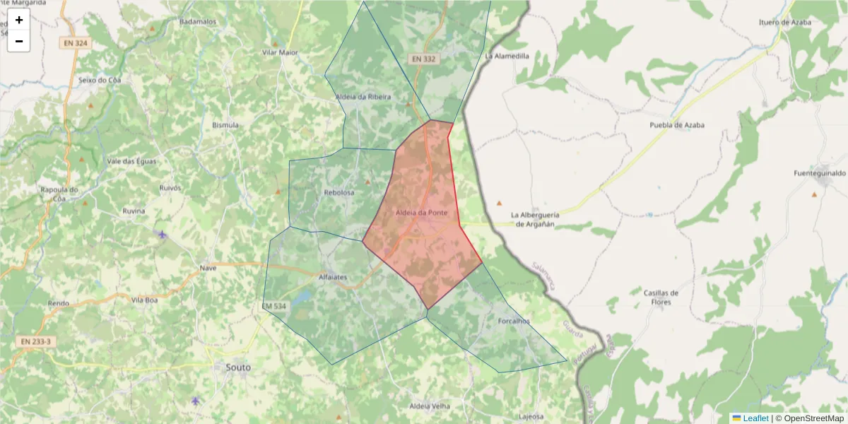 Mapa detalhado do código postal 6320-031 com limites, códigos postais vizinhos e agências dos correios