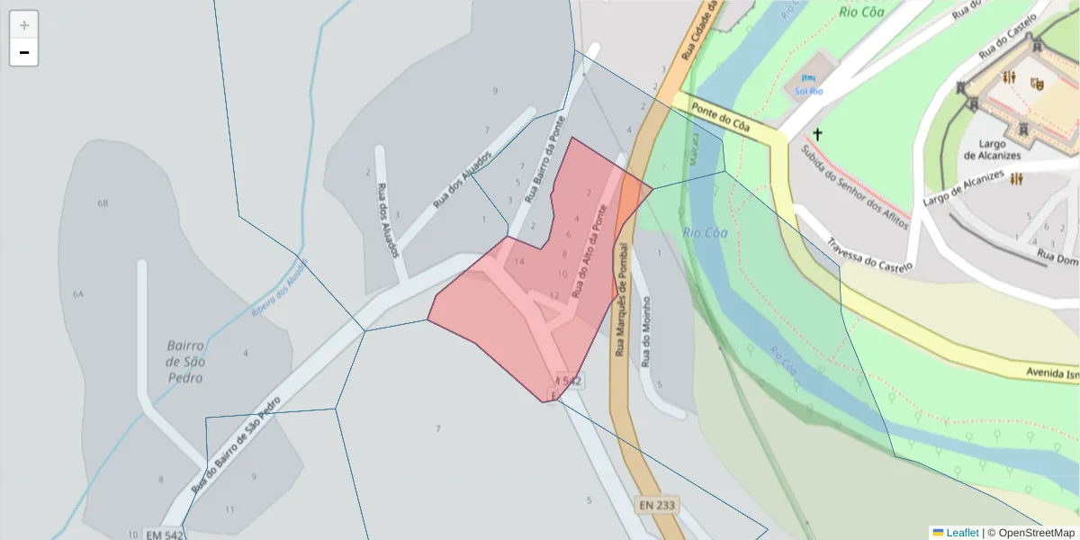 Mapa detalhado do código postal 6320-057 com limites, códigos postais vizinhos e agências dos correios