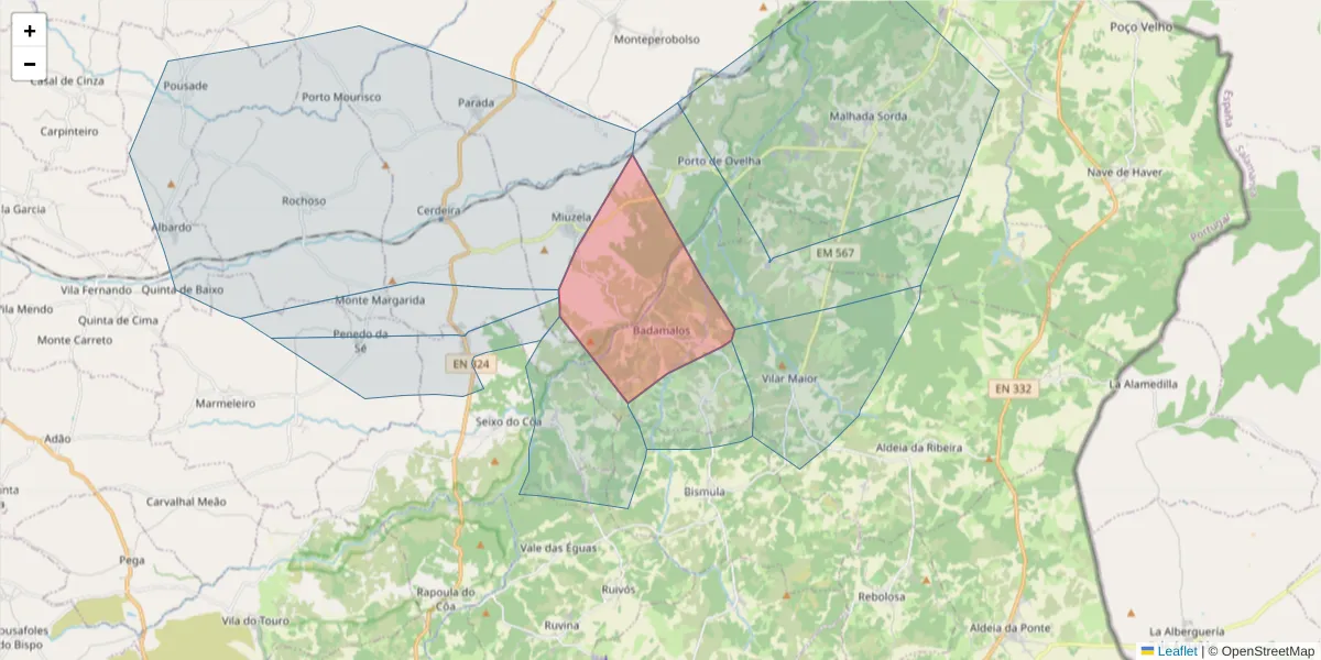 Mapa detalhado do código postal 6320-091 com limites, códigos postais vizinhos e agências dos correios