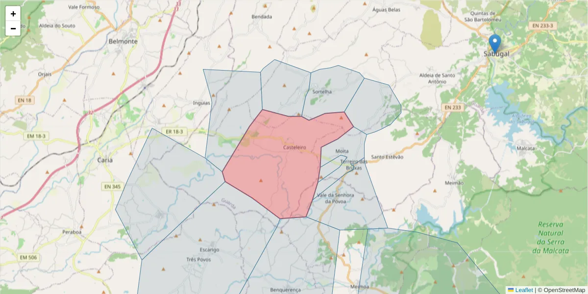 Mapa detalhado do código postal 6320-121 com limites, códigos postais vizinhos e agências dos correios