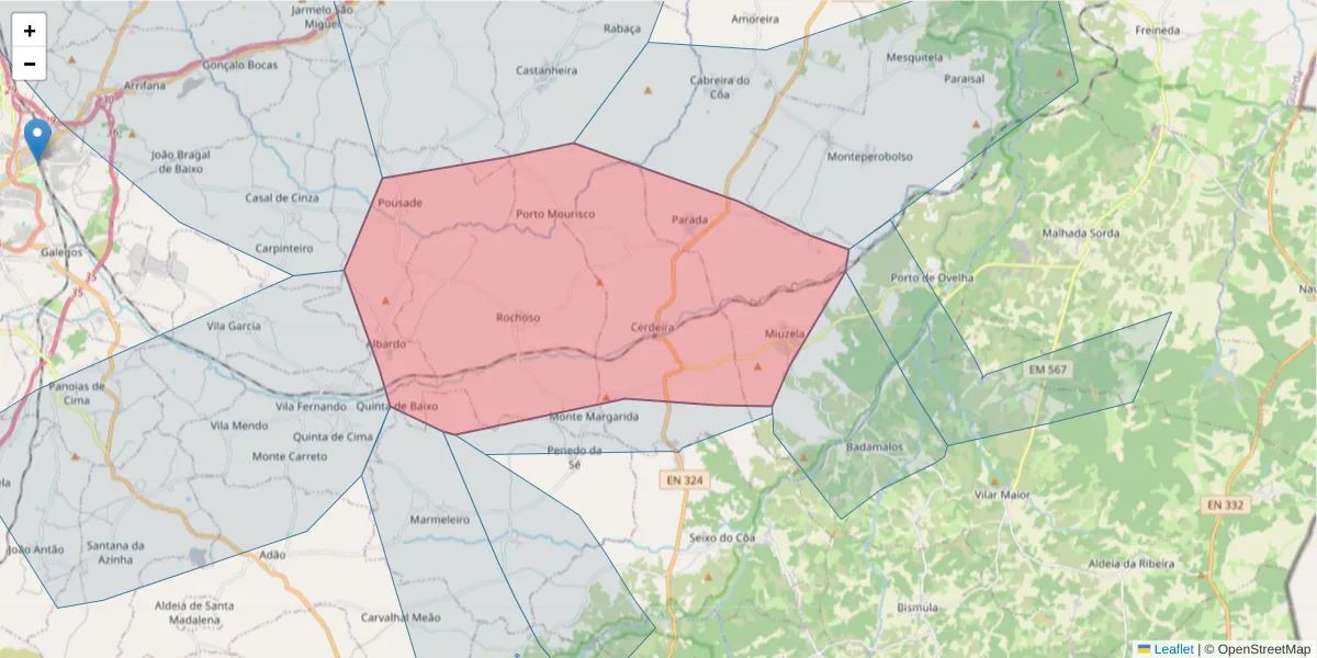 Mapa detalhado do código postal 6320-131 com limites, códigos postais vizinhos e agências dos correios