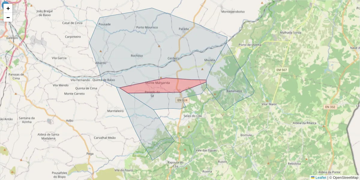 Mapa detalhado do código postal 6320-132 com limites, códigos postais vizinhos e agências dos correios