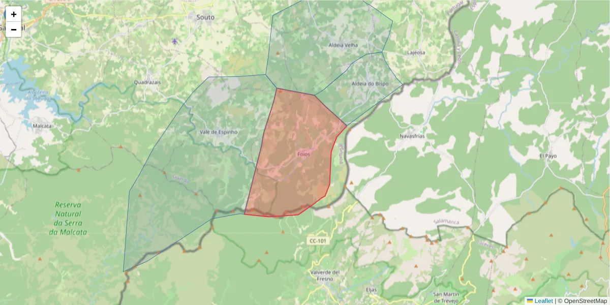Mapa detalhado do código postal 6320-141 com limites, códigos postais vizinhos e agências dos correios