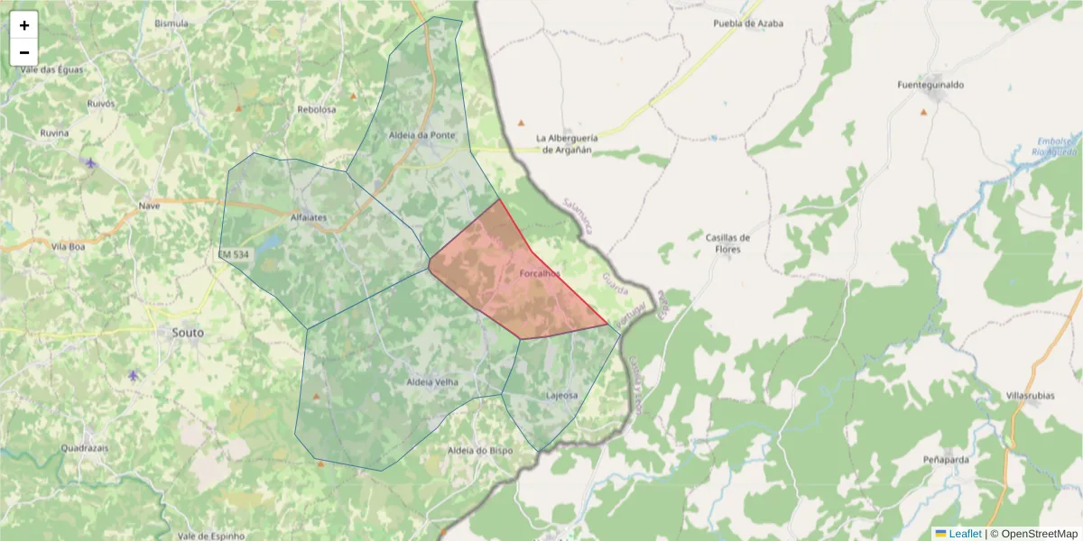 Mapa detalhado do código postal 6320-151 com limites, códigos postais vizinhos e agências dos correios