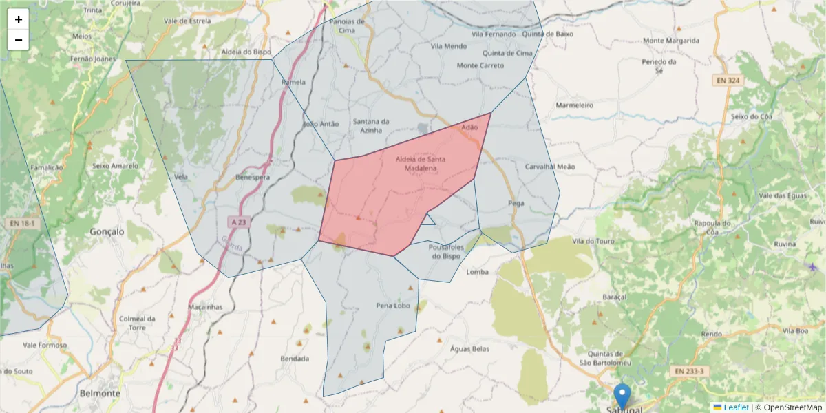Mapa detalhado do código postal 6320-231 com limites, códigos postais vizinhos e agências dos correios