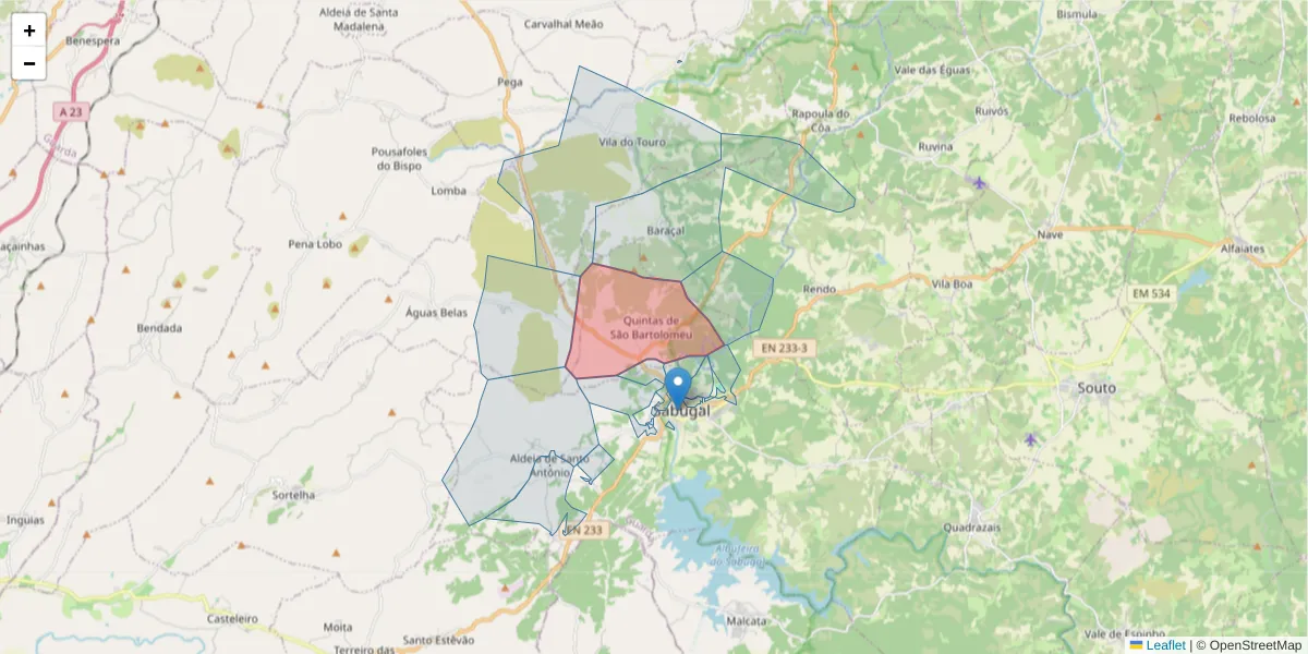 Mapa detalhado do código postal 6320-251 com limites, códigos postais vizinhos e agências dos correios