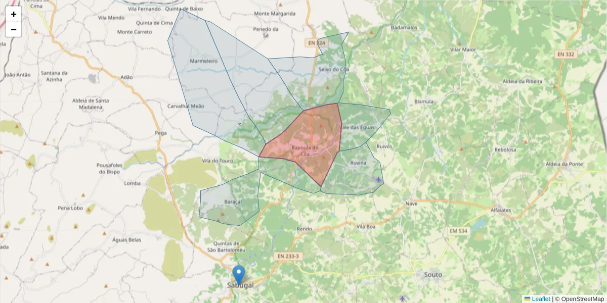 Mapa detalhado do código postal 6320-261 com limites, códigos postais vizinhos e agências dos correios