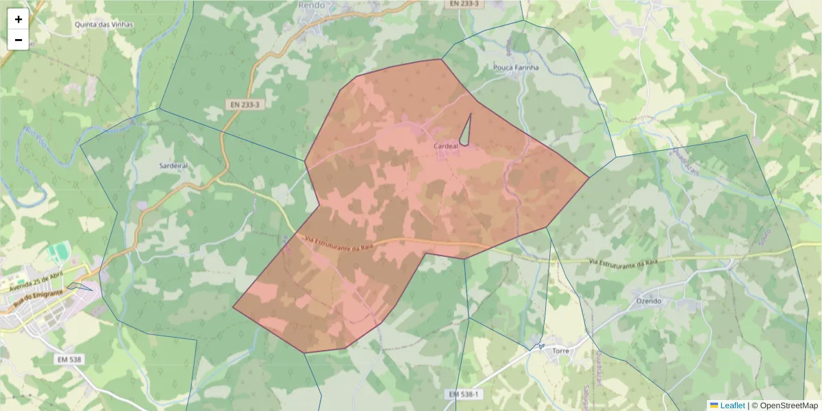 Mapa detalhado do código postal 6320-281 com limites, códigos postais vizinhos e agências dos correios