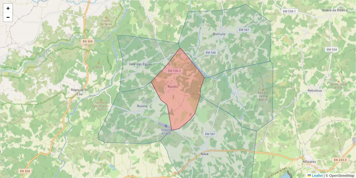 Mapa detalhado do código postal 6320-291 com limites, códigos postais vizinhos e agências dos correios