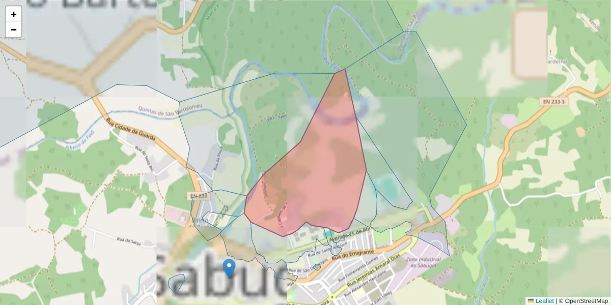Mapa detalhado do código postal 6320-320 com limites, códigos postais vizinhos e agências dos correios