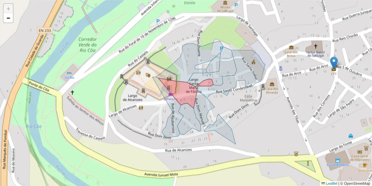 Mapa detalhado do código postal 6320-328 com limites, códigos postais vizinhos e agências dos correios