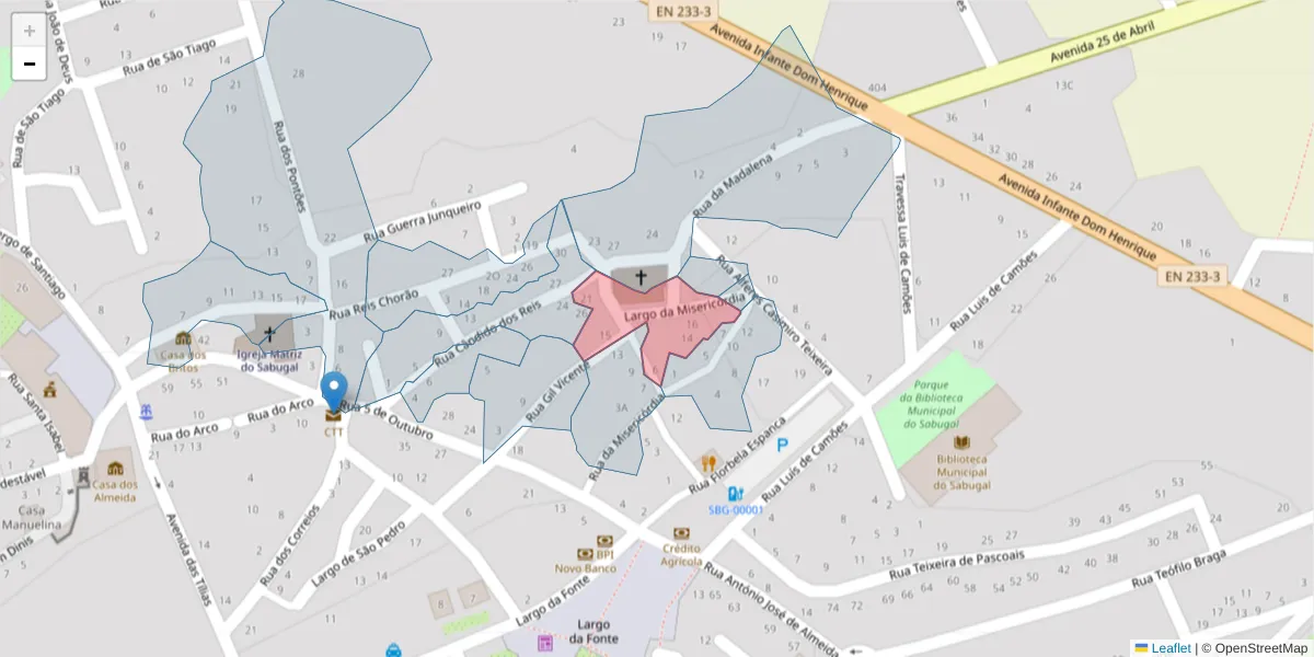 Mapa detalhado do código postal 6320-332 com limites, códigos postais vizinhos e agências dos correios