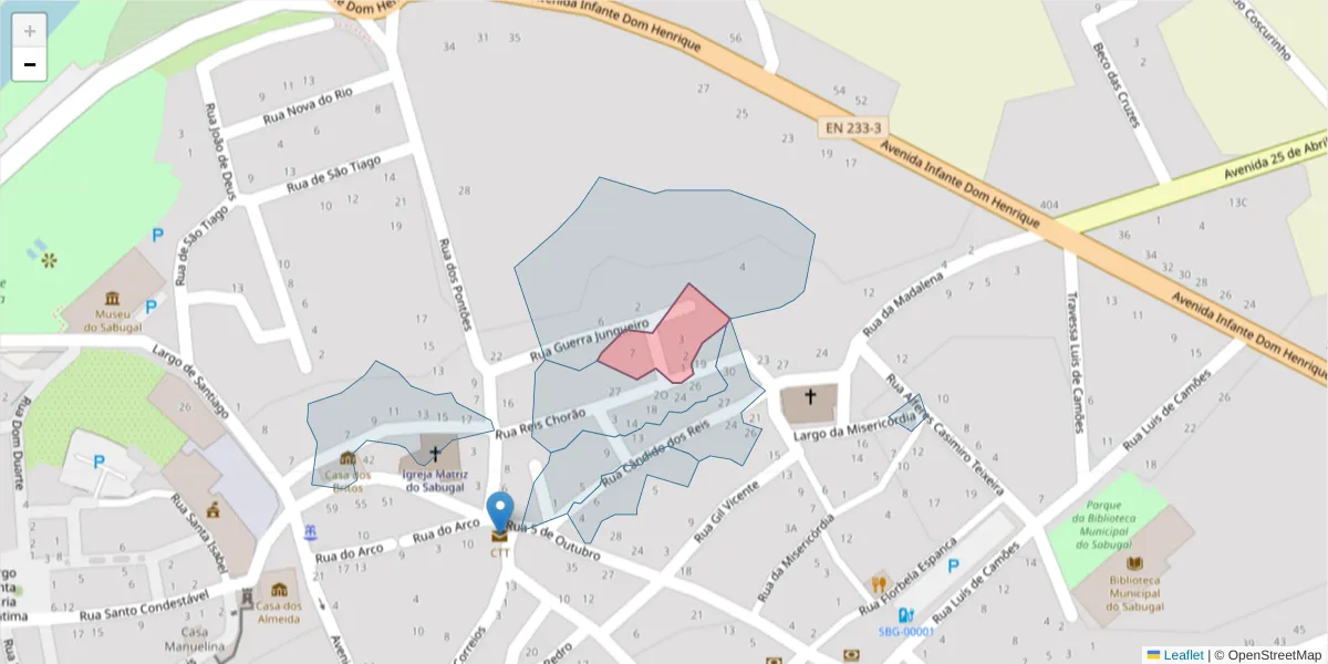 Mapa detalhado do código postal 6320-336 com limites, códigos postais vizinhos e agências dos correios