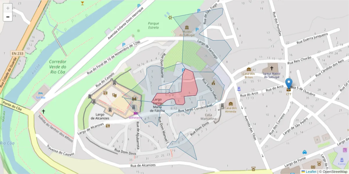 Mapa detalhado do código postal 6320-368 com limites, códigos postais vizinhos e agências dos correios