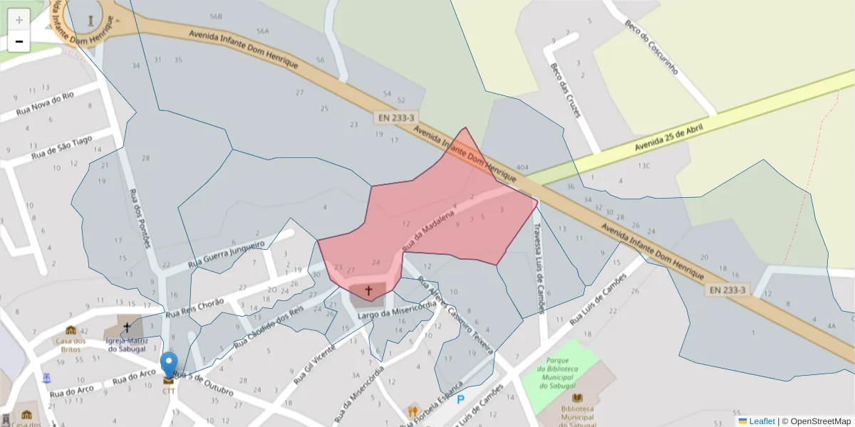 Mapa detalhado do código postal 6320-381 com limites, códigos postais vizinhos e agências dos correios