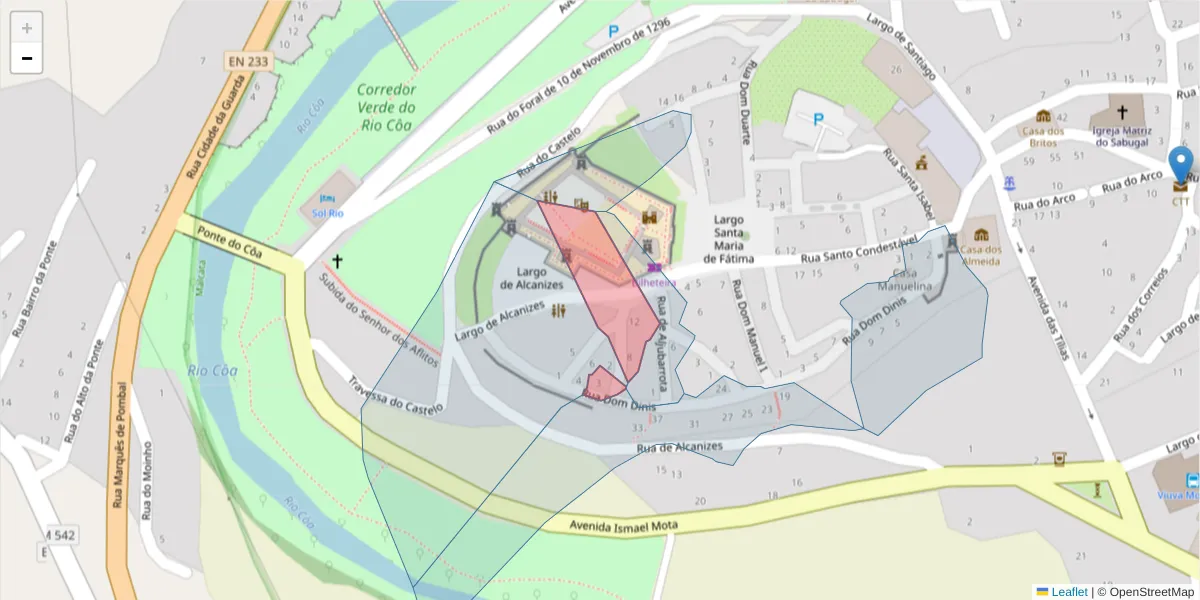 Mapa detalhado do código postal 6320-389 com limites, códigos postais vizinhos e agências dos correios