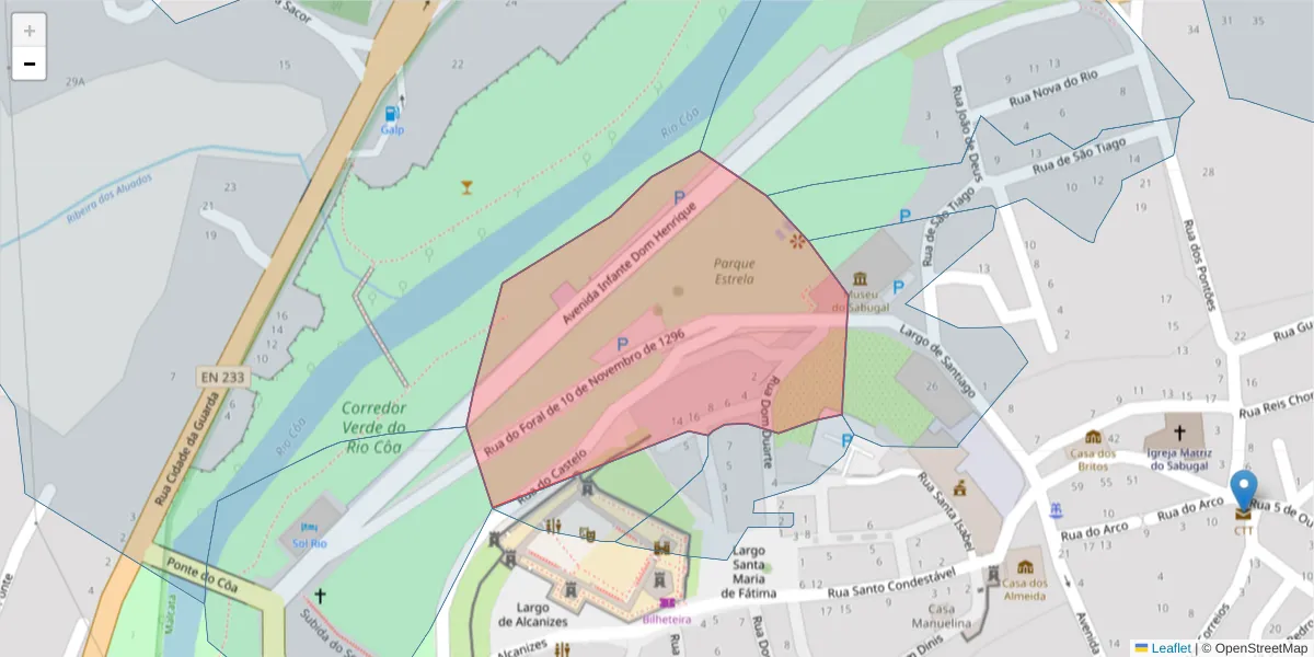Mapa detalhado do código postal 6320-413 com limites, códigos postais vizinhos e agências dos correios