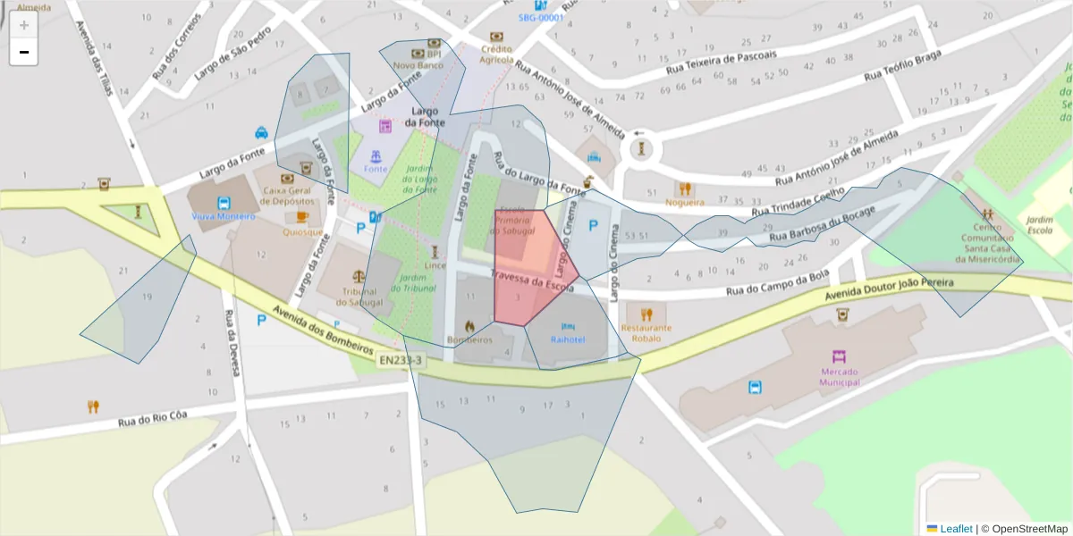 Mapa detalhado do código postal 6320-414 com limites, códigos postais vizinhos e agências dos correios