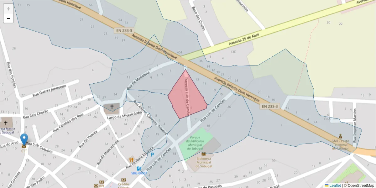 Mapa detalhado do código postal 6320-424 com limites, códigos postais vizinhos e agências dos correios