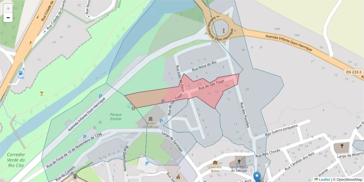 Mapa detalhado do código postal 6320-452 com limites, códigos postais vizinhos e agências dos correios