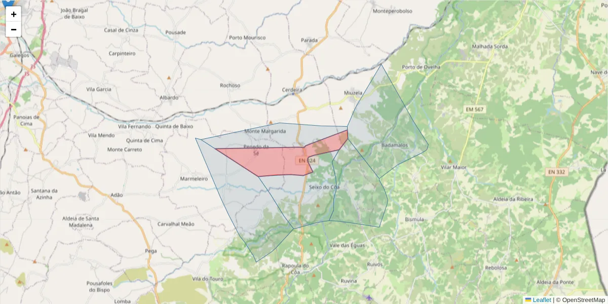 Mapa detalhado do código postal 6320-522 com limites, códigos postais vizinhos e agências dos correios