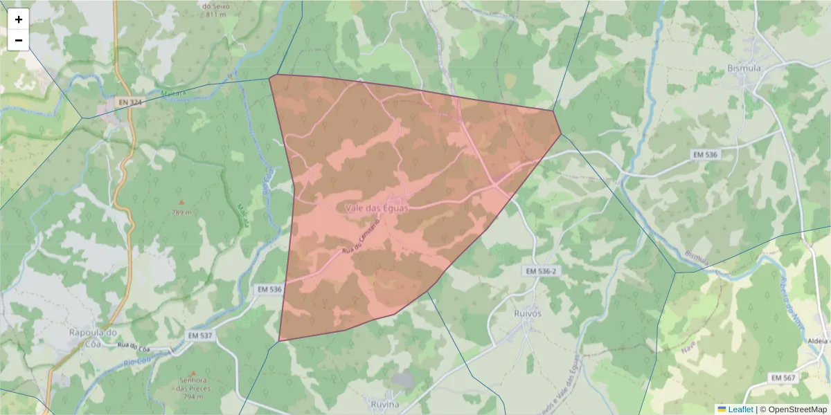 Mapa detalhado do código postal 6320-551 com limites, códigos postais vizinhos e agências dos correios