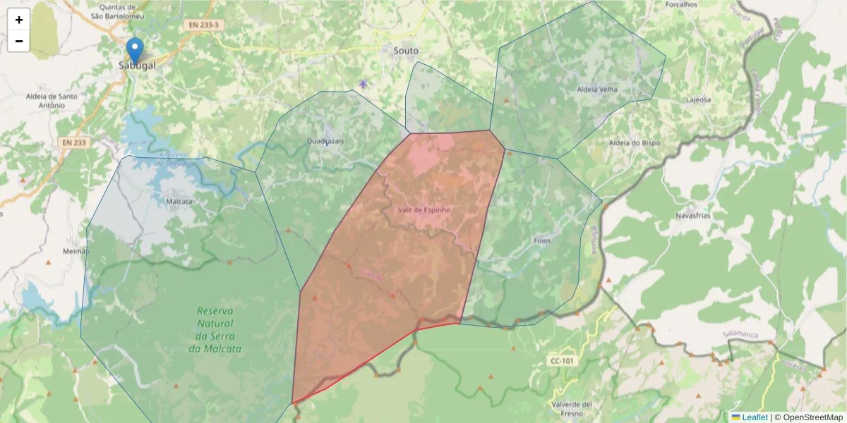 Mapa detalhado do código postal 6320-561 com limites, códigos postais vizinhos e agências dos correios