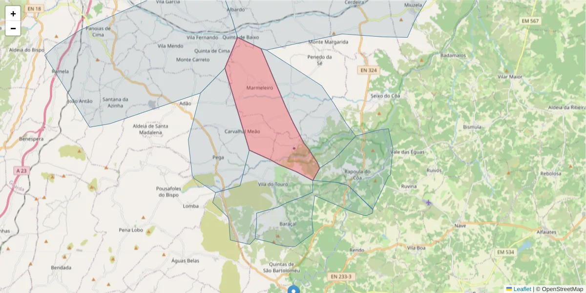 Mapa detalhado do código postal 6320-591 com limites, códigos postais vizinhos e agências dos correios