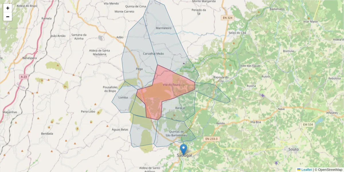 Mapa detalhado do código postal 6320-592 com limites, códigos postais vizinhos e agências dos correios