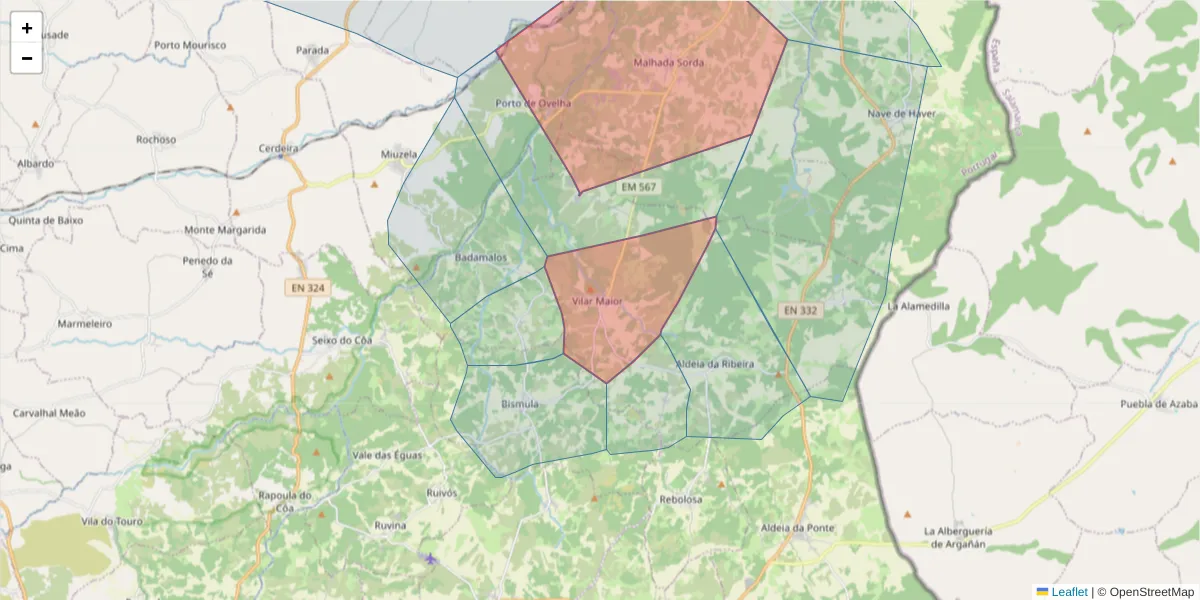 Mapa detalhado do código postal 6320-601 com limites, códigos postais vizinhos e agências dos correios
