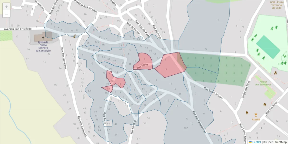 Mapa detalhado do código postal 6320-672 com limites, códigos postais vizinhos e agências dos correios