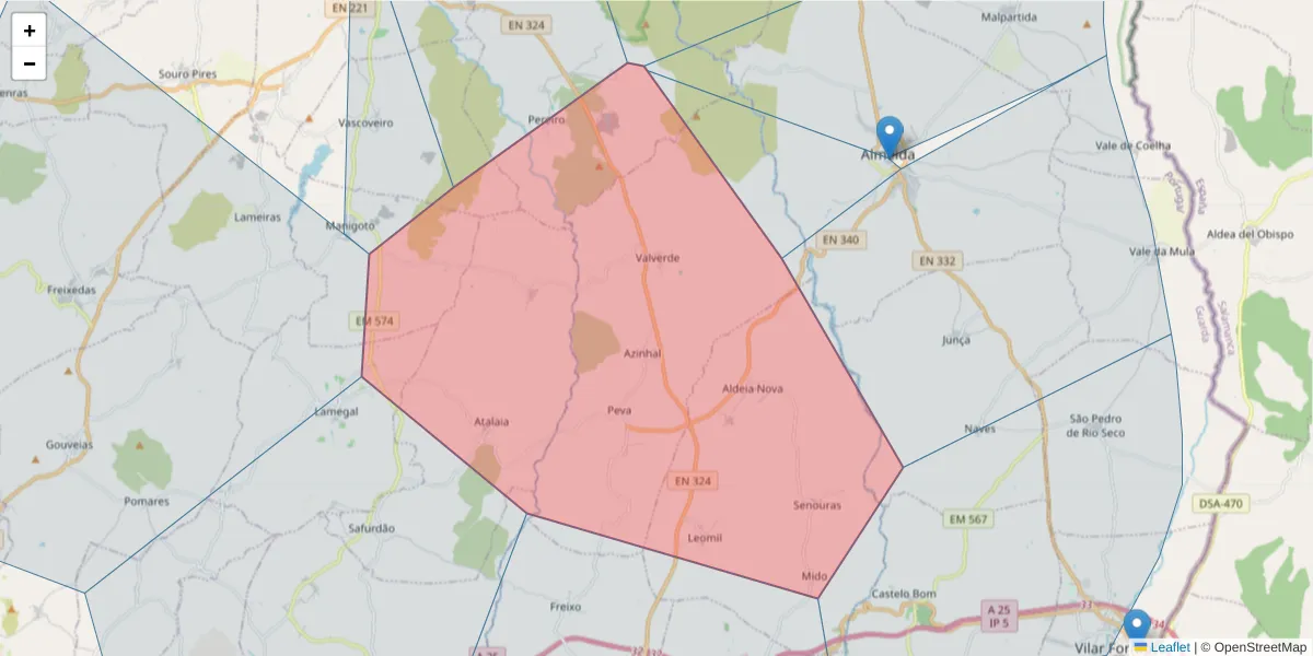 Mapa detalhado do código postal 6350-031 com limites, códigos postais vizinhos e agências dos correios