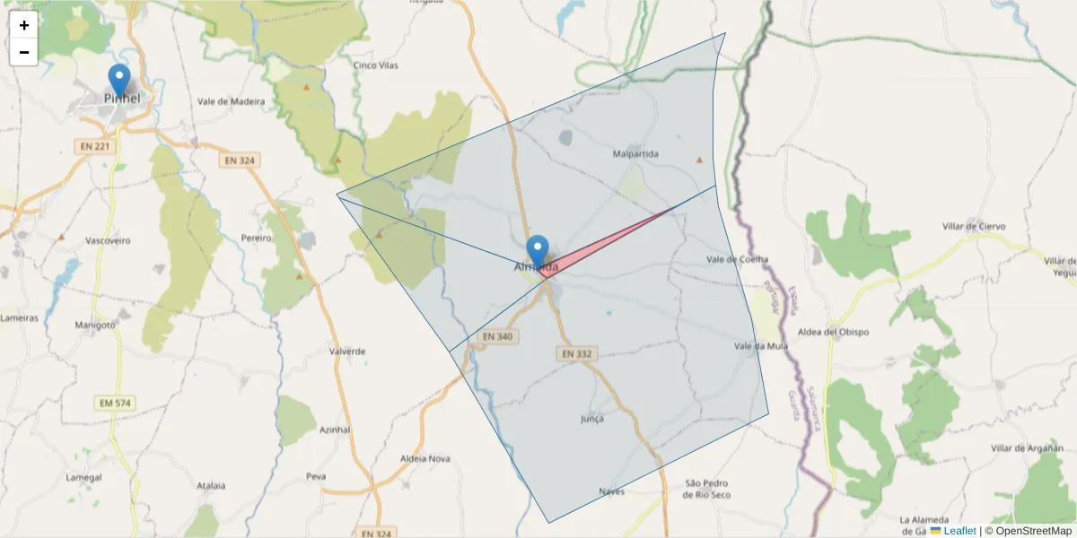 Mapa detalhado do código postal 6350-109 com limites, códigos postais vizinhos e agências dos correios