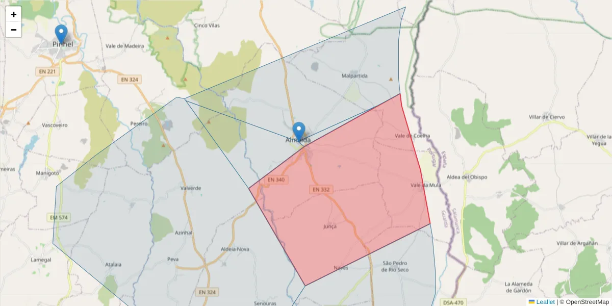 Mapa detalhado do código postal 6350-223 com limites, códigos postais vizinhos e agências dos correios