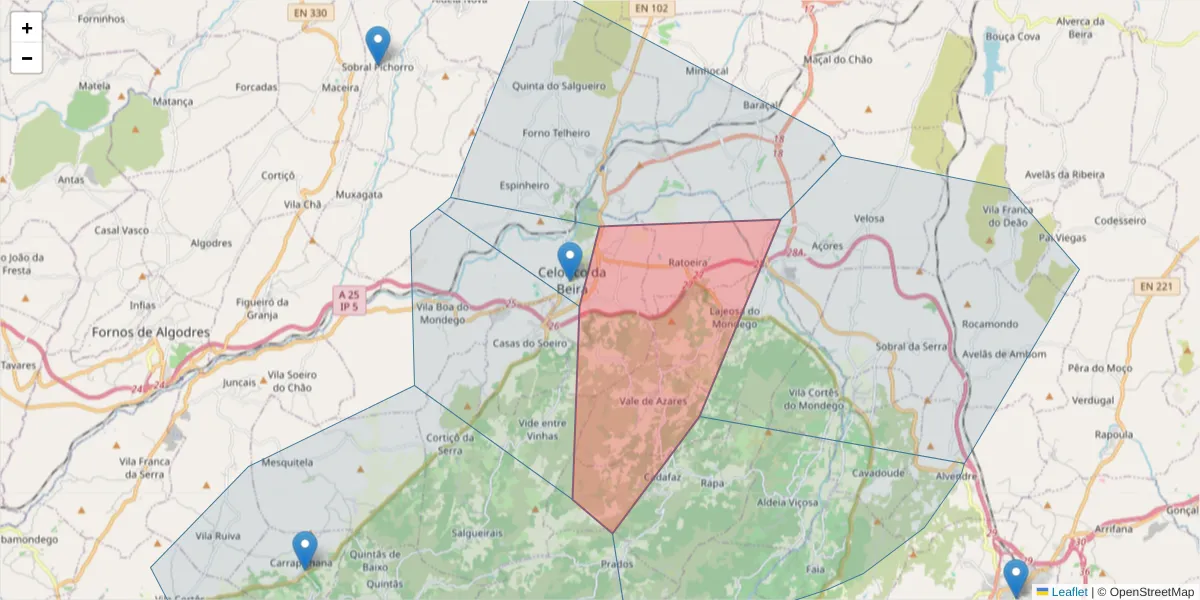 Mapa detalhado do código postal 6360-393 com limites, códigos postais vizinhos e agências dos correios